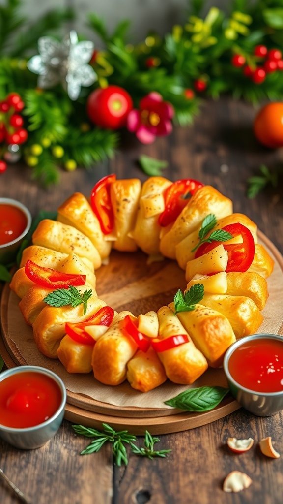 A savory appetizer wreath made of puff pastry filled with cheese and peppers, served with dipping sauce on a wooden table.